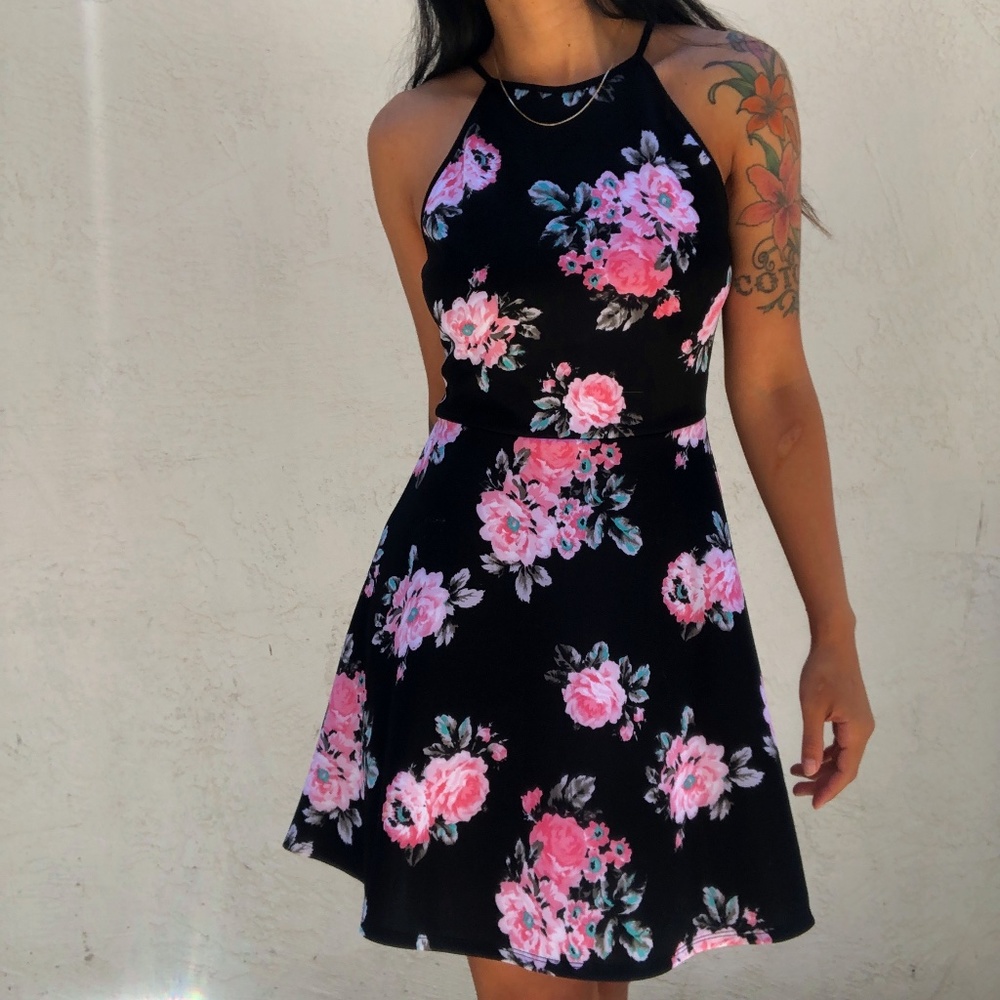 Emerald Sundae Black Floral Skater Dress
